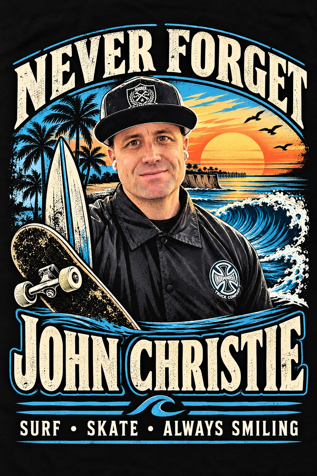 Illustration of John Christie in a snapback, with a surfboard, skateboard, palm trees and waves